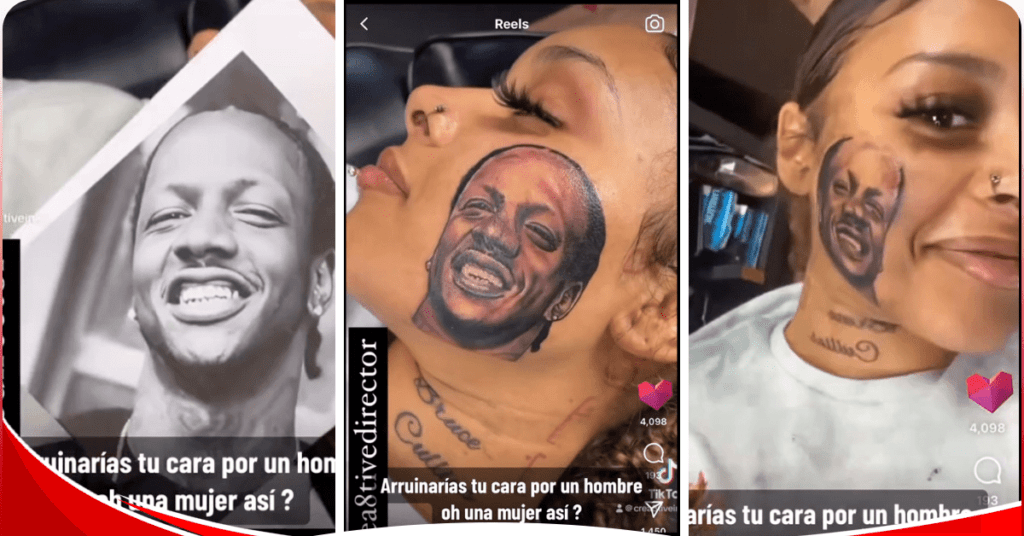 Woman Tattoos boyfriend’s face on her cheek