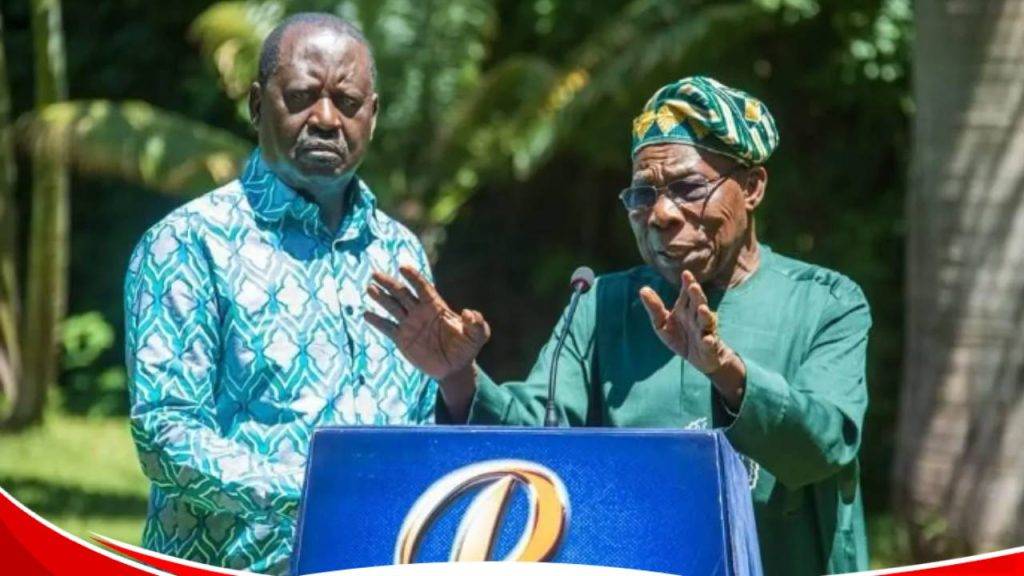 Azimio leader Raila Odinga (right) with former Nigerian President Obasanjo during a press briefing in Nairobi on February 15, 2024. Photo: TV47