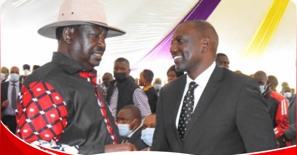 Azimio leader Raila Odinga (left) with President William Ruto at a past event. Photo: The Standard