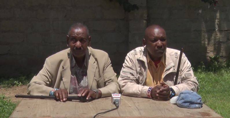 Maasai Council of elders chairperson  Kelena Ole Nchoe (left) with his vice chairperson Silonka Ole Eille during a press briefing in Narok on March 12, 2024. Photo: TV47 