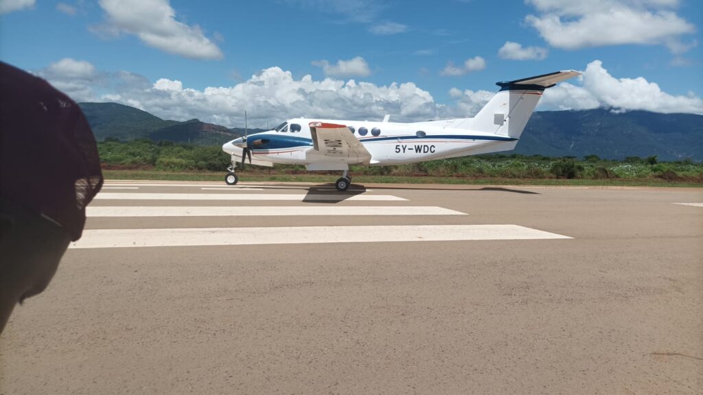 An aircraft that was used for ferrying Kenyatta accident survivors from Voi to Nairobi for specialized treatment on March 19, 2024. Photo: TV47