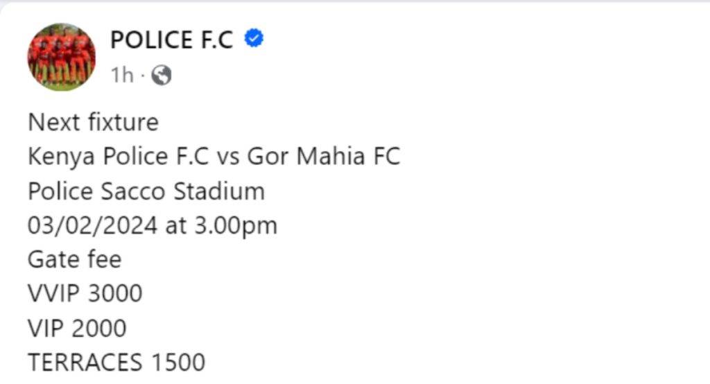 Fans to pay Ksh.3000 to watch Police FC vs Gor Mahia