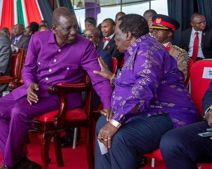 President William Ruto (left) with COTU secretary general Francis Atwoli during Labour Day celebrations at Uhuru Gardens in Nairobi on May 1, 2024. Photo/PCS 