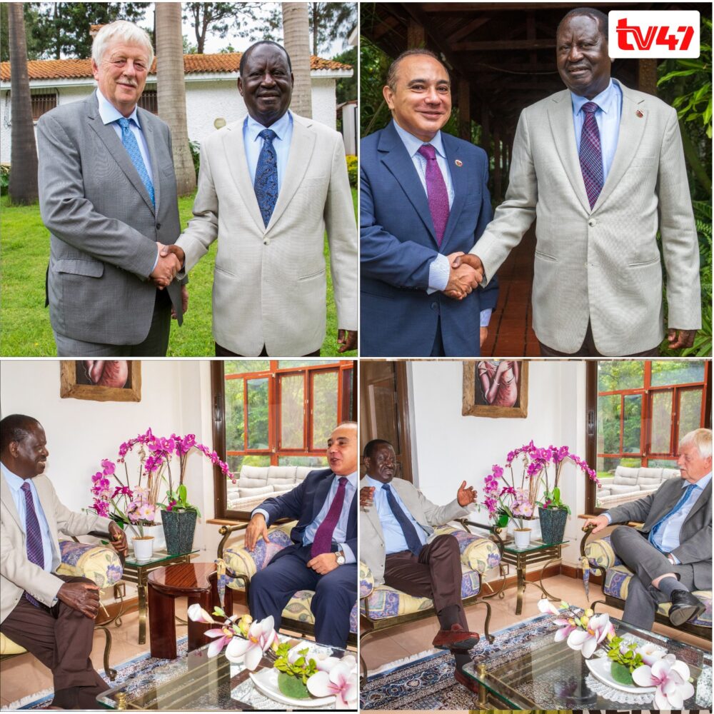 Azimio leader Raila Odinga meeting with ambassadors of the Kingdom of the Netherlands to Kenya H.E Maarten Brouwer and ambassador of Egypt to Kenya H.E. Wael Nasreldin Attiya on May 22, 2023. Photo/TV47.