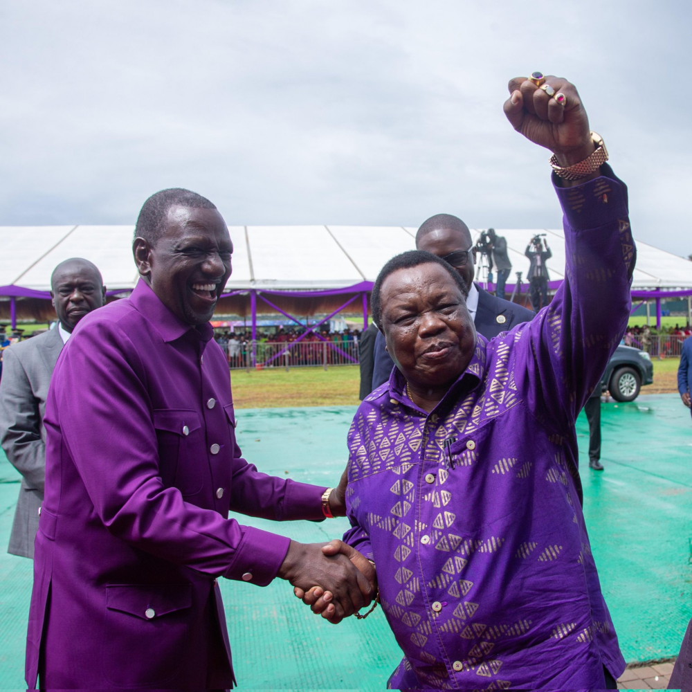 President William Ruto donned purple attire with COTU Secretary General Francis Atwoli as a sign of standing in solidarity with Kenyan workers during the Labour Day celebrations at Uhuru Gardens on May, 1, 2024. Photo: X