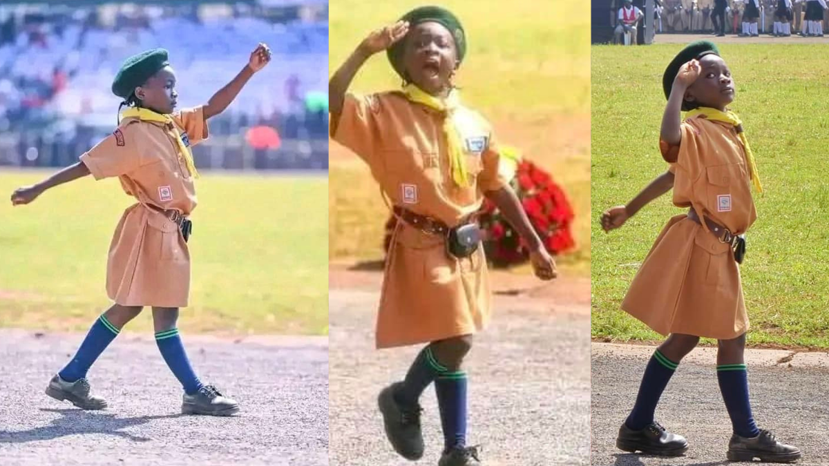 Kenyans impressed by brave young girl scout leading a troupe at public event