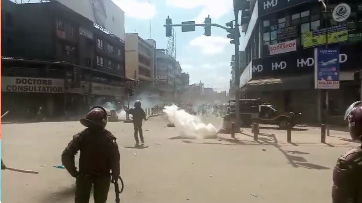 Police lob teargas to disperse anti-Finance Bill protesters in Nairobi's CBD on June 25, 2024. Photo/TV47