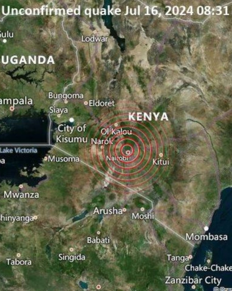 According to global Earthquake tracking agency Volcano Discovery, an unconfirmed tremor has been registered in Kenya at around 8:31 GMT. Photo: Volcano Discovery. 