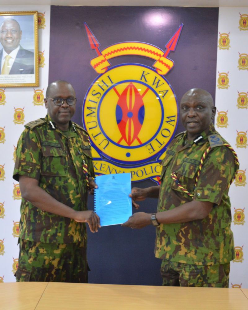 In an Exclusive interview with TV47’s George Maringa on Power and Politics IPOA commissioner JM Waiganjo challenged the IG to ensure protestors are safe. Photo: Acting IG (R) during the handing-over ceremony at Vigilance House/ Kenya Police Service; Facebook.