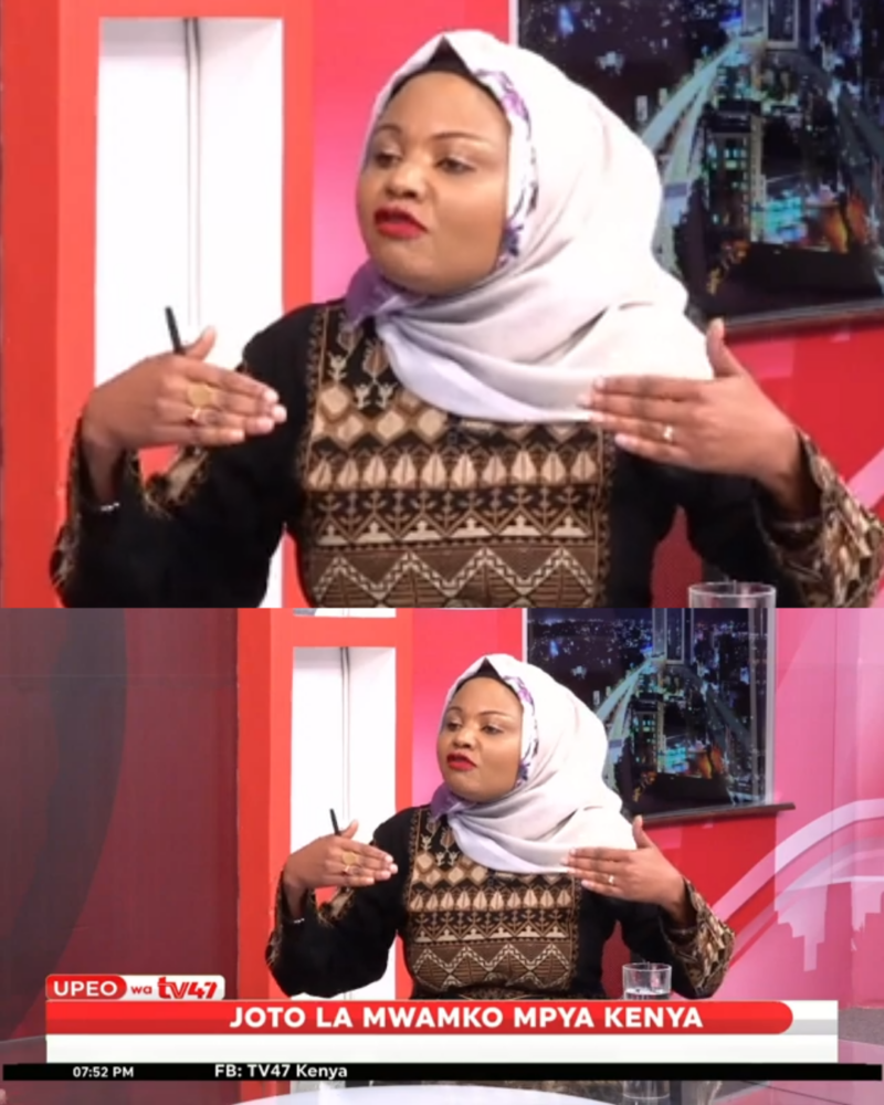 In an exclusive interview with TV47's Andrine Kilemi on prime time, Mwanaisha Chidzuga stated that the Kenyan media is goose-stepping towards activism. Photo: GOK Deputy Spokesperson Mwanaisha Chidzuga/ TV47 YouTube.