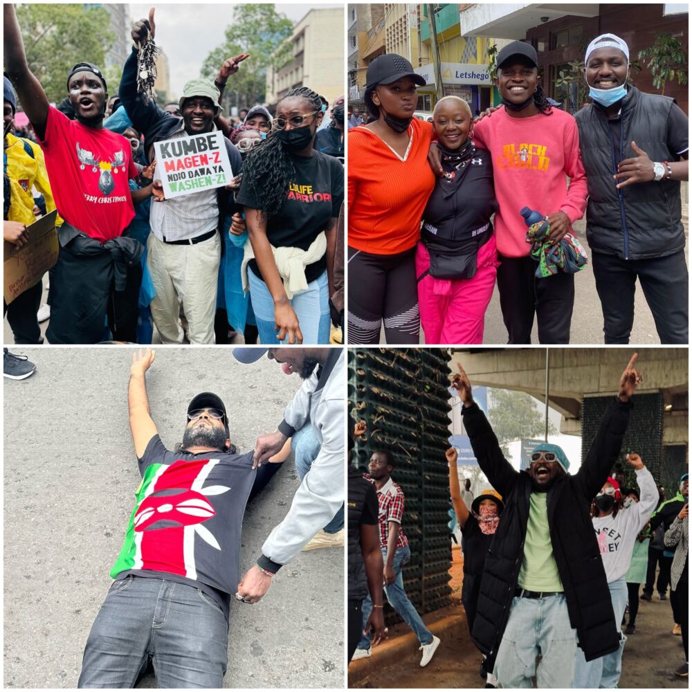 From top left Comedian Terence Creative, TV Host Aisha Wanjiku and Tony Mwirigi, Musician Mr. Seed and Wife Nimo Gachuiri, Chef Ali and Rapper and Singer Nyashinski during the Finance Bill 2024 protests. Photo: Collage