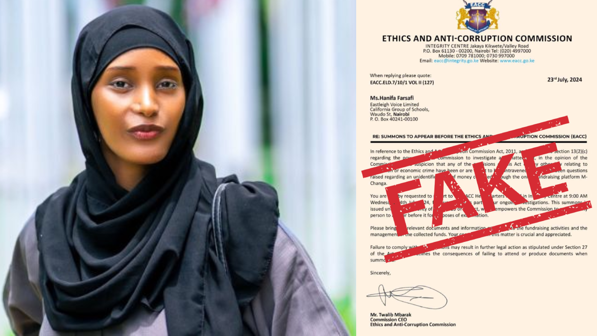 “It’s fake!” – EACC investigating impersonator(s) who issued fake summons to Hanifa Farsafi