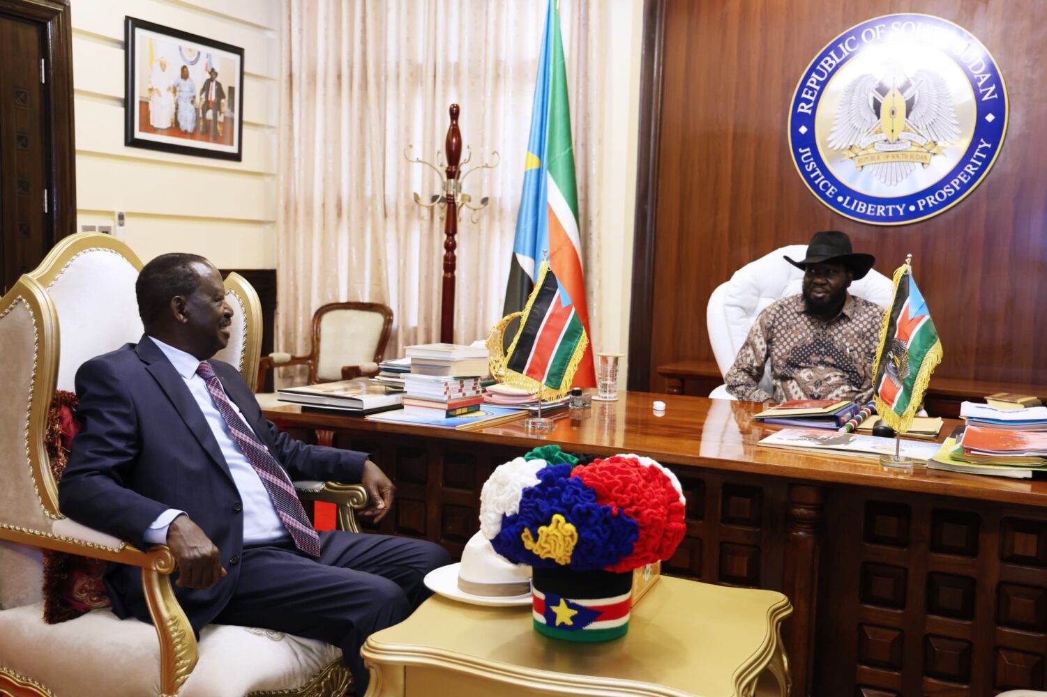 South Sudan President Salva Kiir (right) with Azimio leader Raila Odinga during a meeting at State House in Juba on July 4, 2024. Photo/Raila/X
