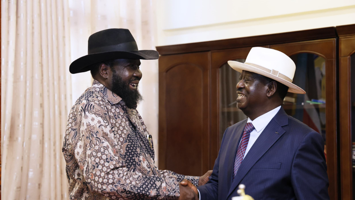 South Sudan President Salva Kiir (left) with Azimio leader Raila Odinga during a meeting at State House in Juba on July 4, 2024. Photo/Raila/X
