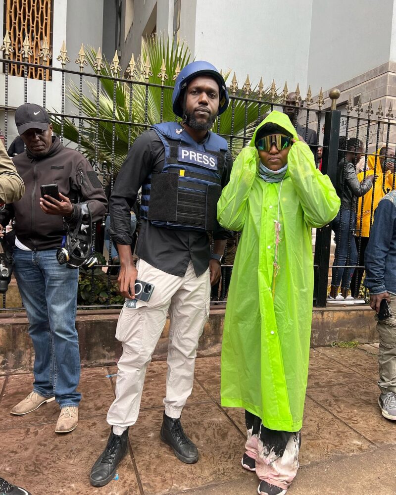 Media Personality Larry Madowo and Actress-cum-activist Wanjiku Stephens during the Finance Bill 2024 protests in the CBD. Photo: Wanjiku Stephens/Instagram