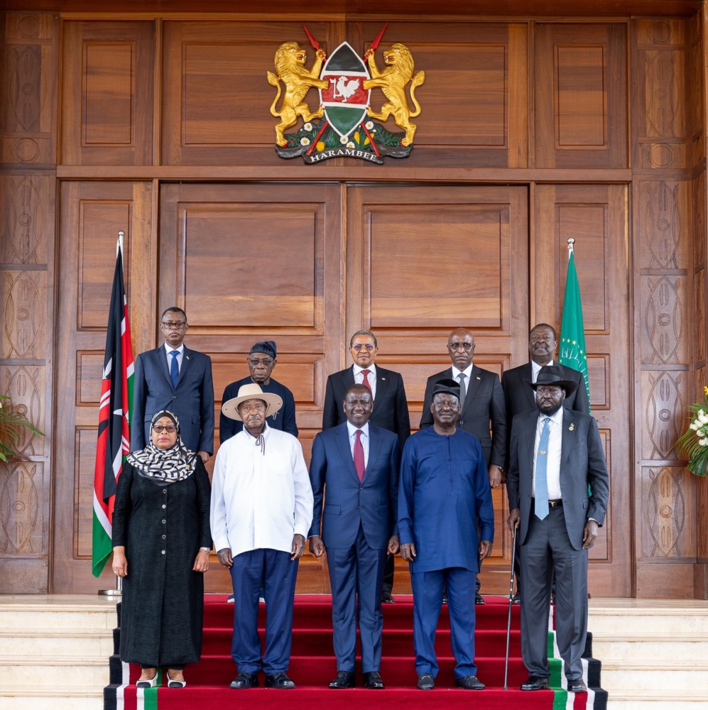 From Right (front line) is President Salva Kiir, Raila Odinga, President Ruto, President Museveni and President Samia Suluhu at State House Nairobi on August 27, 2024 during the launch of Raila’s AUC bid. Photo: TV47