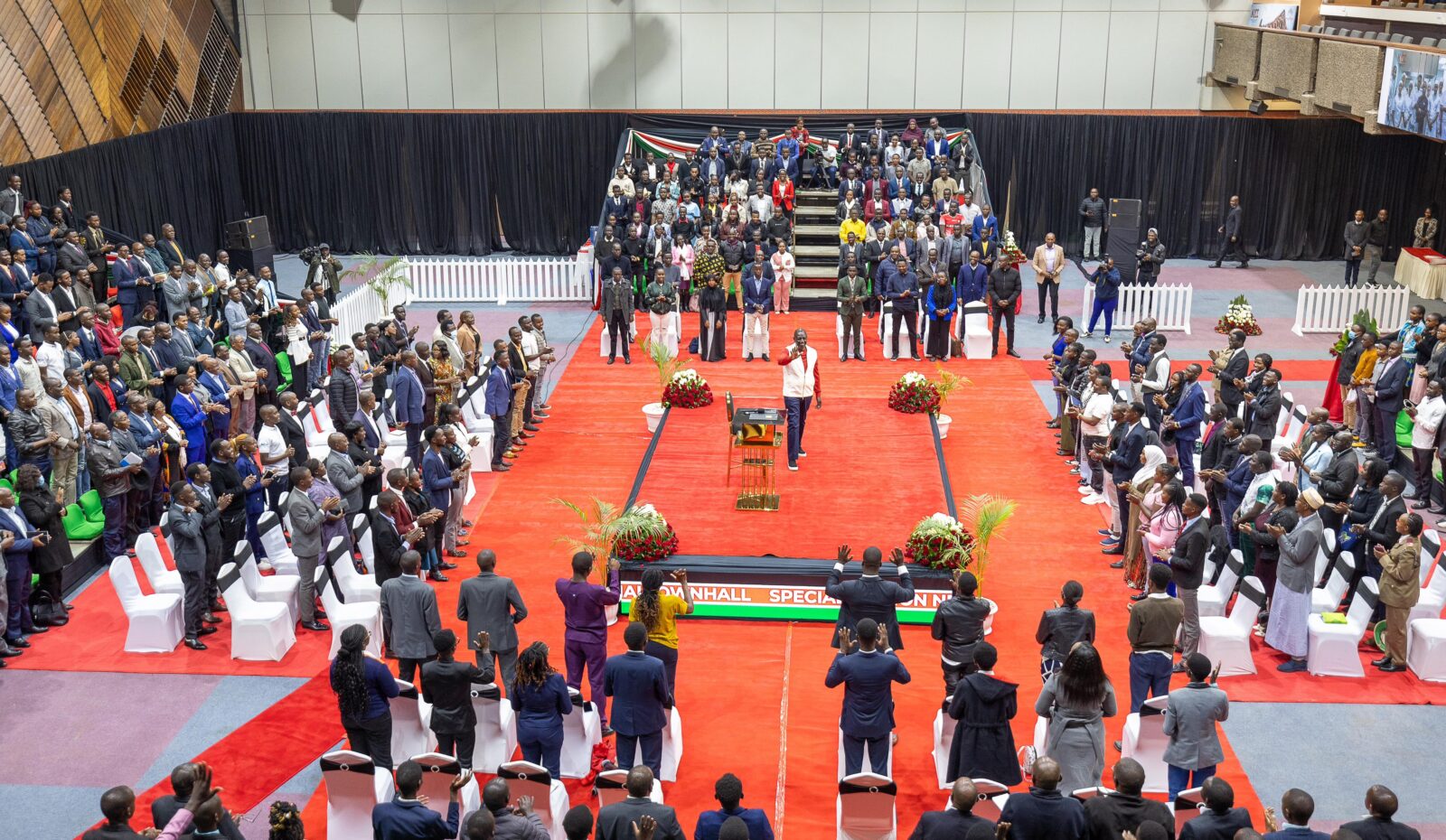 President William Ruto (centre) speaking during the town hall meeting at KICC on August 25, 2024. Photo/TV47 