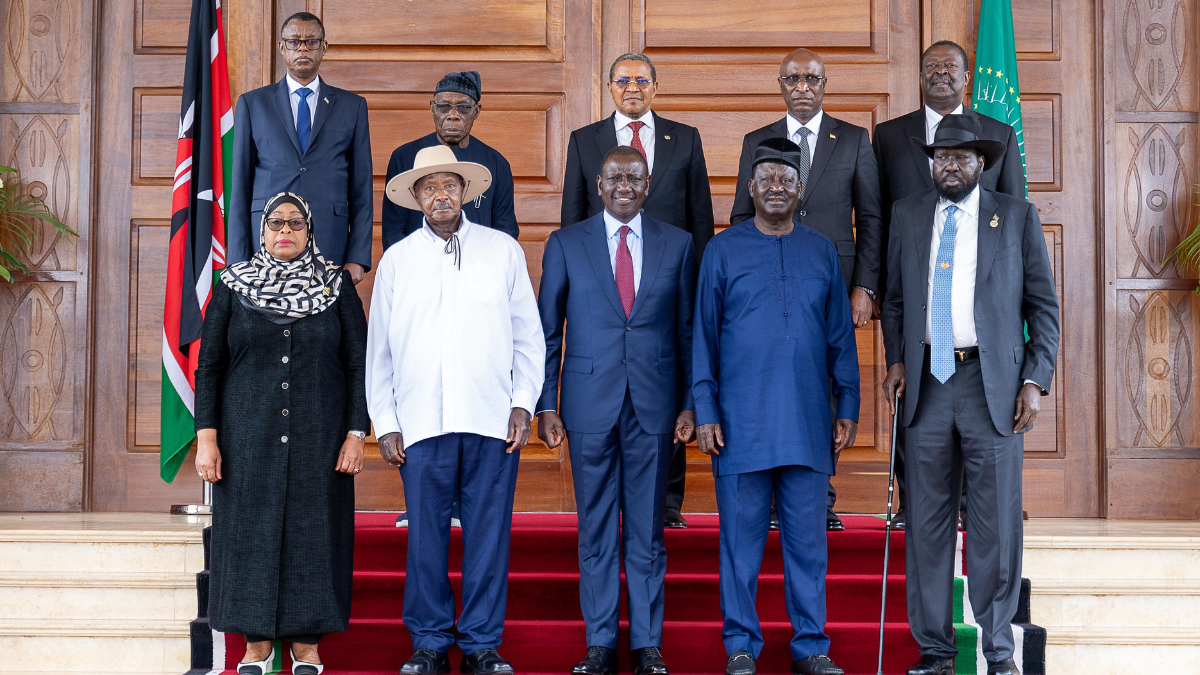 From right (front line) is President Salva Kiir, Raila Odinga, President Ruto, President Museveni and President Samia Suluhu at State House Nairobi on August 27, 2024 during the launch of Raila’s AUC bid. Photo/TV47.