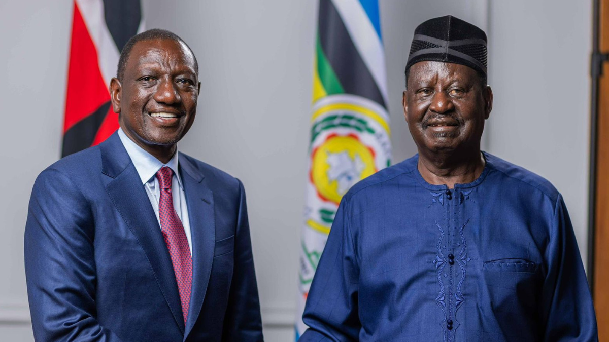 President William Ruto (left) with Raila Odinga during the launch of Raila Odinga's AUC bid at State House in Nairobi on August 27, 2024. Photo/TV47.