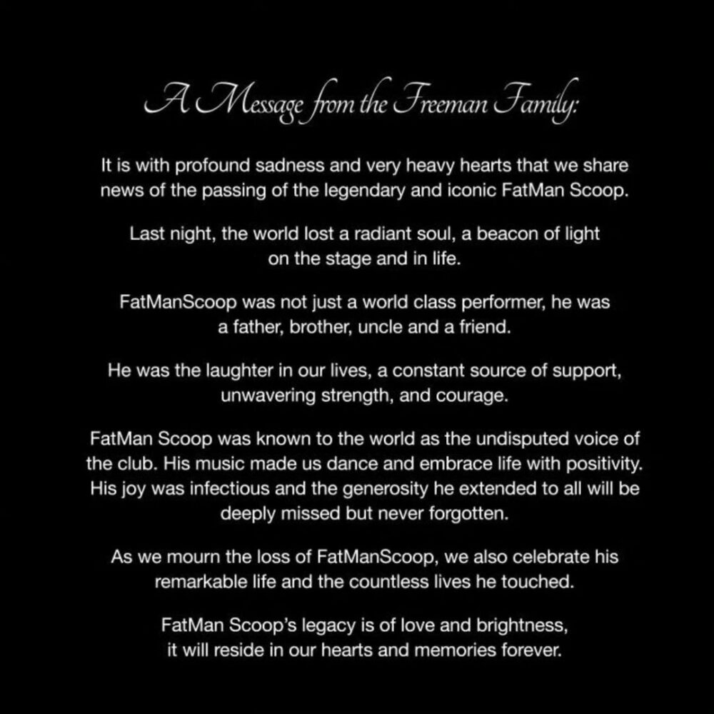 Official family statement shared on behalf of Fatman Scoop. Photo: Fatman Scoop/Instagram 