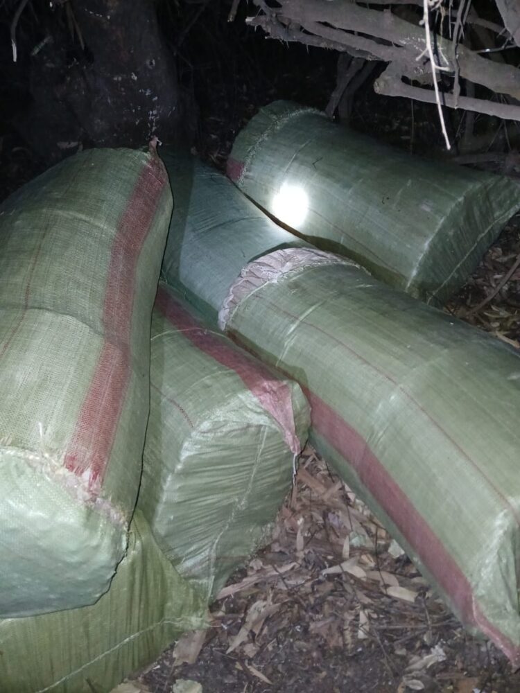 Law enforcement officers conducting a drug bust along Nambale-Busia road, recovering marijuana from traffickers.