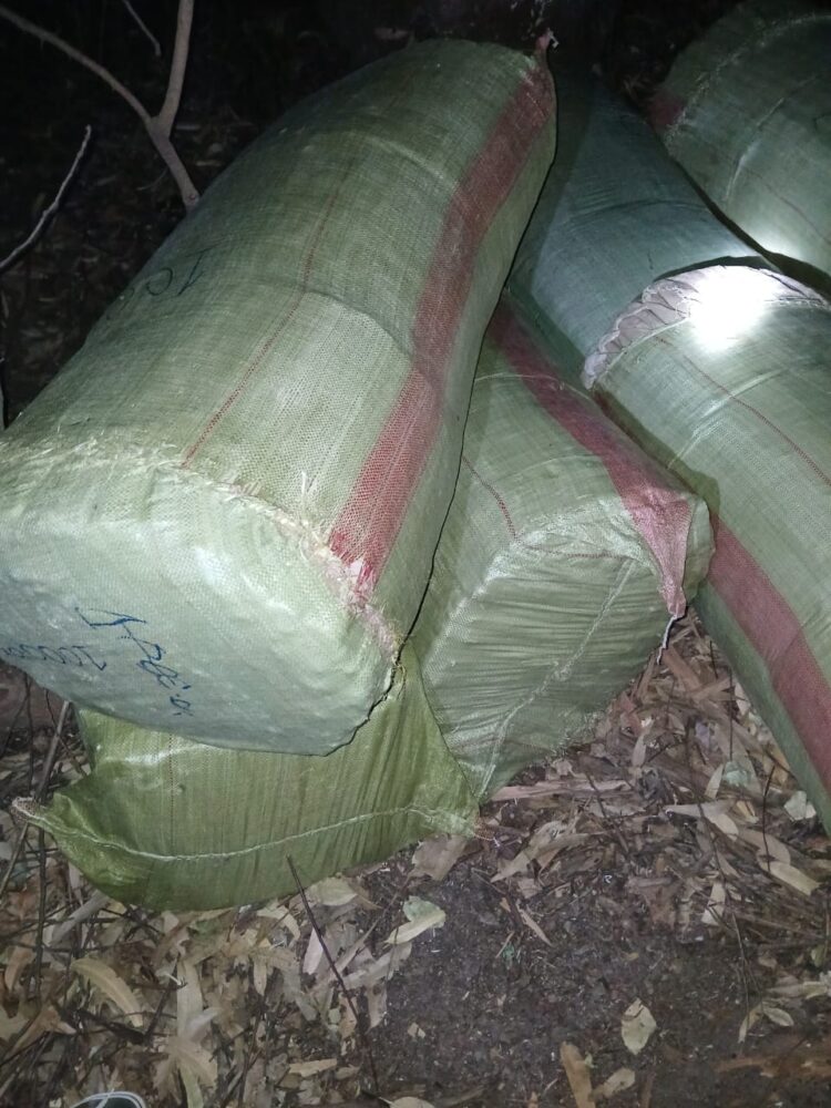 Law enforcement officers conducting a drug bust along Nambale-Busia road, recovering marijuana from traffickers.