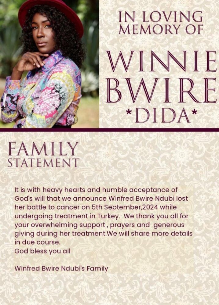 Official family statement by Winnie Bwire's family. Photo: Instagram 