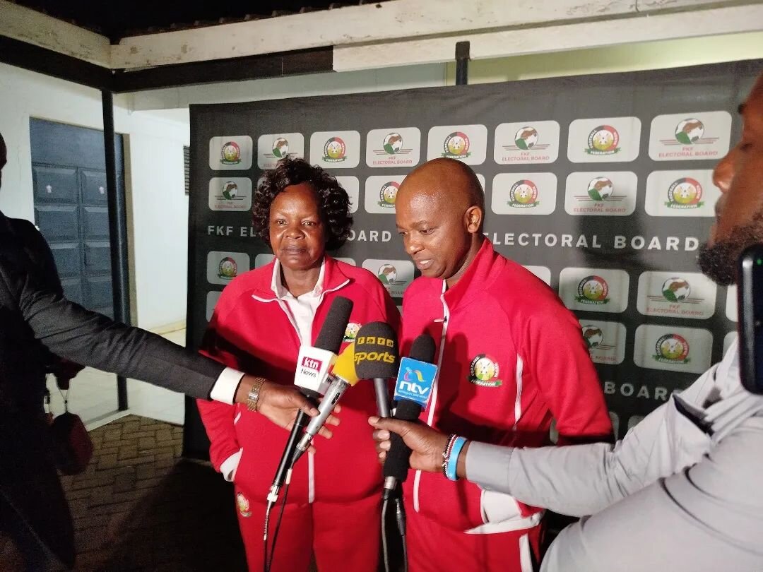 Doris Petra and Nick Mwendwa speaking shortly after submitting papers for their candidature for the 2024 FKF Presidential election.[Photo/X]