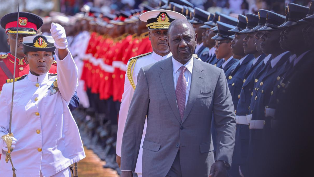 President William Ruto inspects Guard of Honor during Mashujaa Day celebrations on October 20, 2024 at Kwale stadium. Photo/TV47