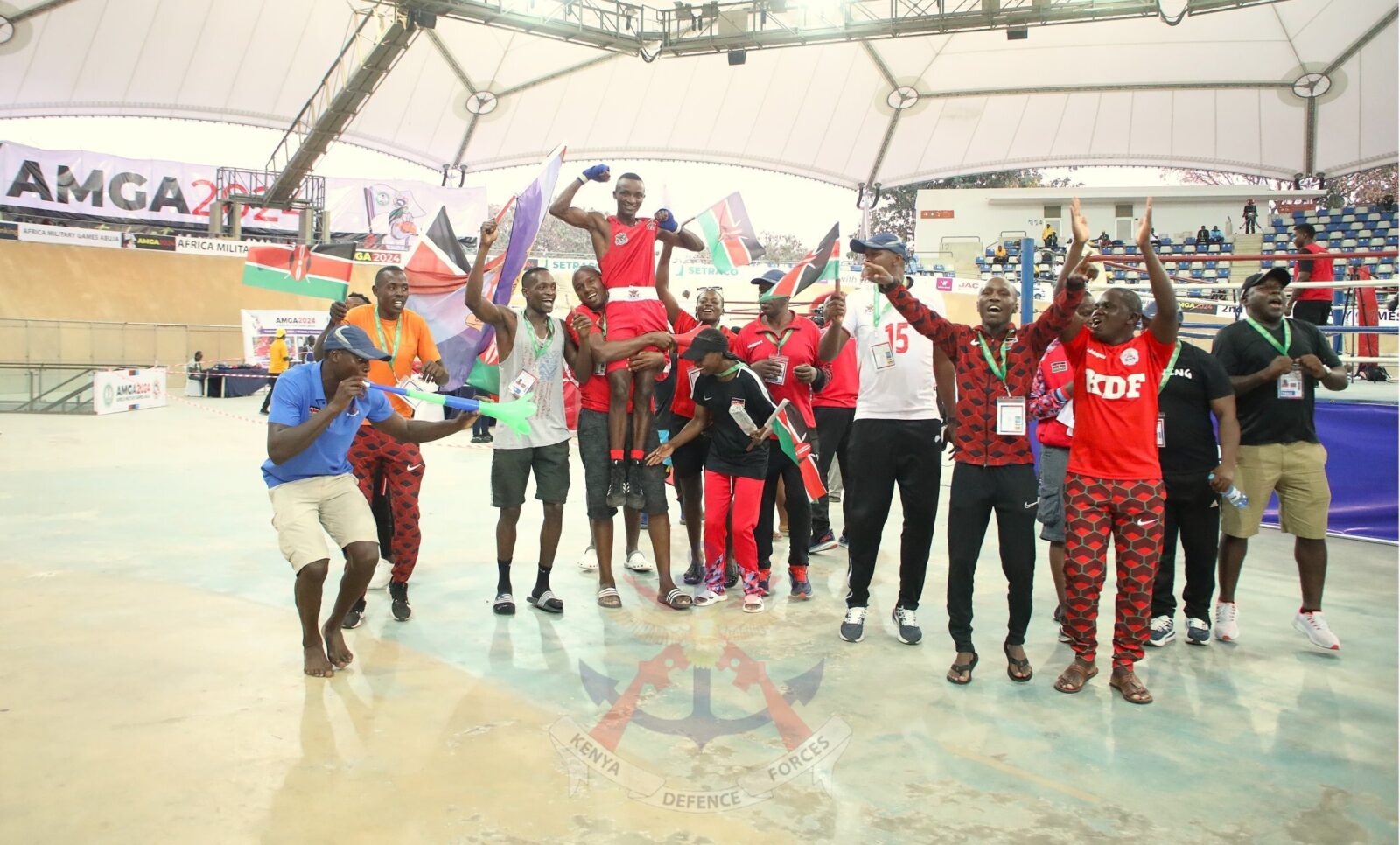 Kenyan athletes celebrate their victories at the 2nd Africa Military Games 2024 in Abuja, Nigeria