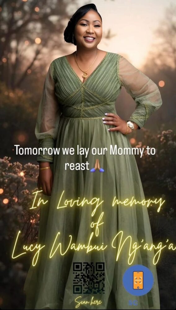 Lucy Wambui Ng'ang'a died while undergoing cosmetic surgery to be laid to rest today on their farm in Redhill, Limuru. Photo: Brian Ng'ang'a/Instagram