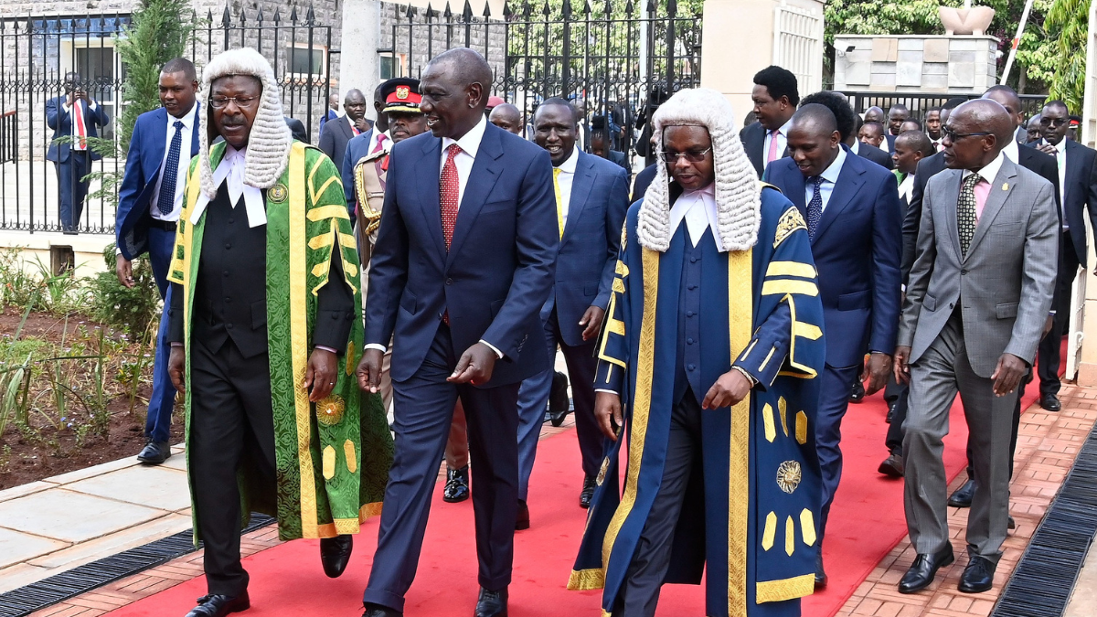 President William Ruto (center), National Assembly Speaker Moses Wetangula (left) and Senate Speaker Amason Kingi (right) entering parliament for the State of Nation Address at Parliament buildings on November 21, 2024. Photo/TV47  