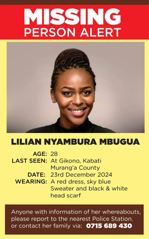 Share this missing person alert far and wide as we search for EABL's brand manager, Lilian Nyambura Mbugua. Photo: Courtesy