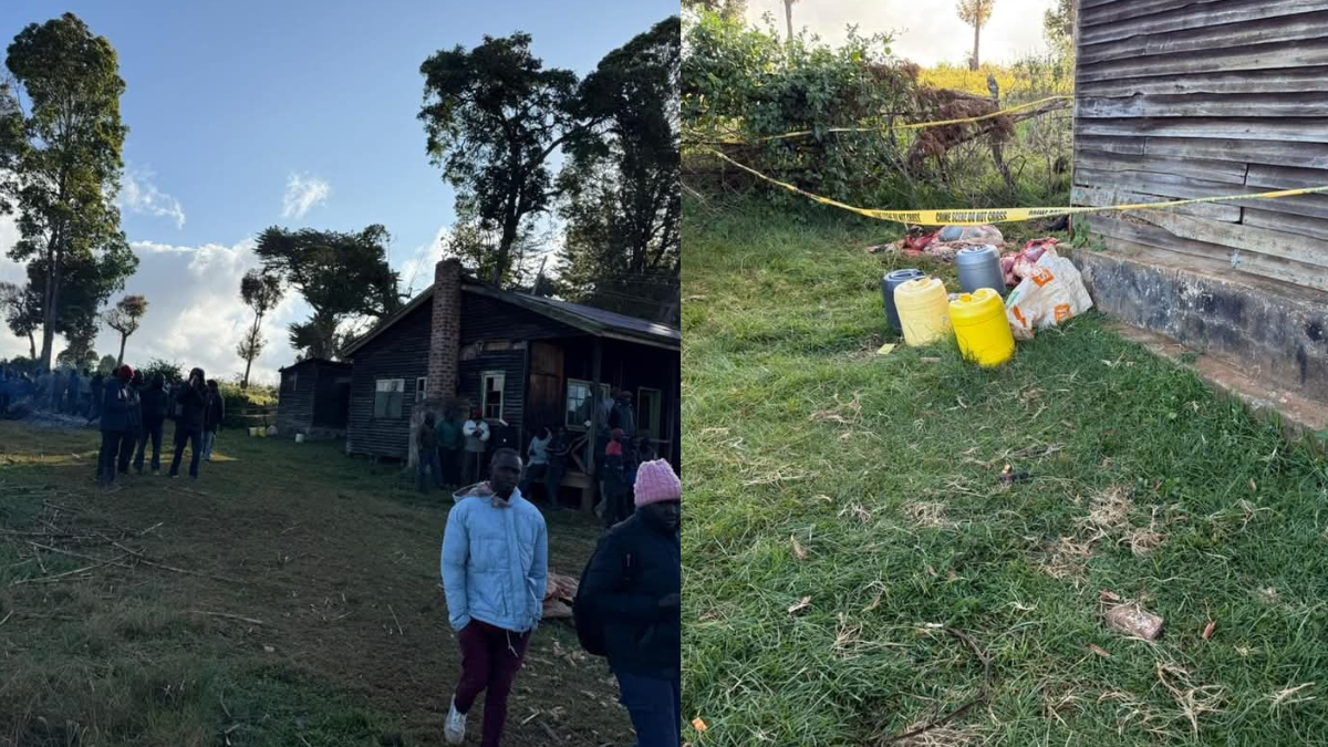 Residents at the crime scene within Kaptagat police station, where the cow was slaughtered. Photo/TV47. 