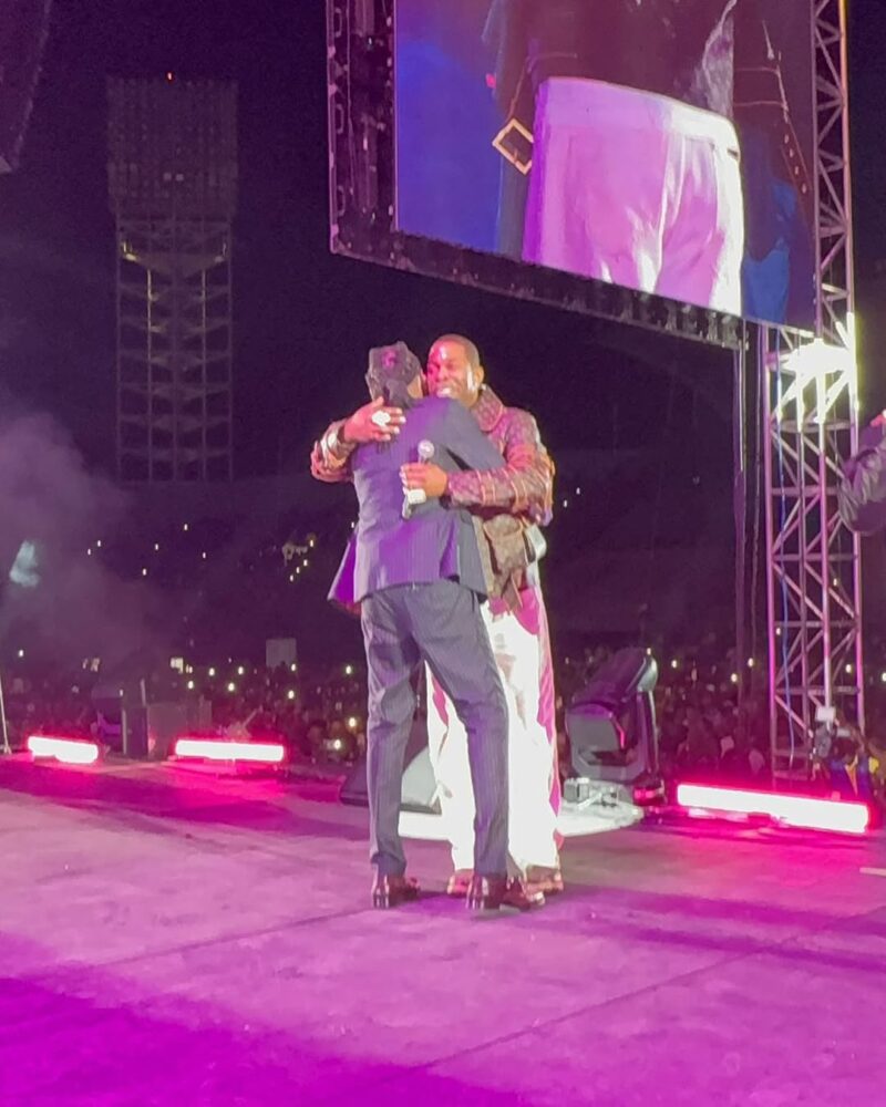 Busta Rhymes embraces Vybz Kartel with a warm hug after an electrifying performance. Photo: Instagram