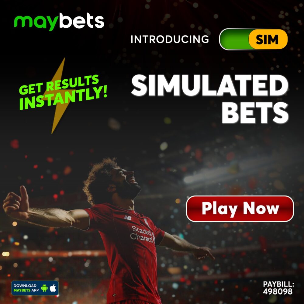 A dynamic betslip interface for Maybets Simulate Games, a football match simulation screen, or a cheerful bettor celebrating instant winnings