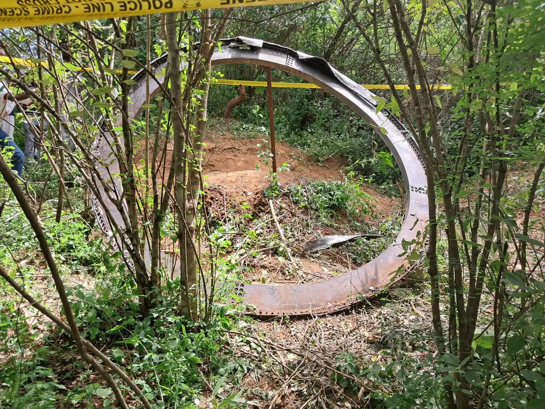 Heavy metallic object fell from the sky in Mukuku village, Makueni County. Photo/TV47. 
