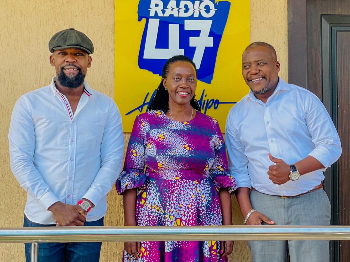 Martha Karua with Radio47 presenters Alex Mwakideu (left) and Emmanuel Mwashumbe (right) at Radio47 studios on February 25, 2025. 