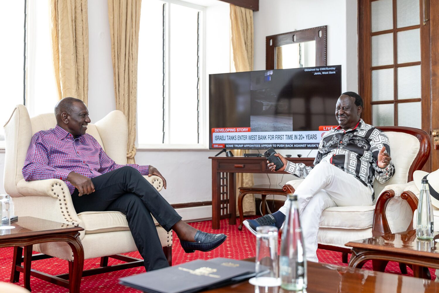 Former PM Raila Odinga (left) with President William Ruto at State House, Mombasa, on February 24, 2025. Photo/PCS.