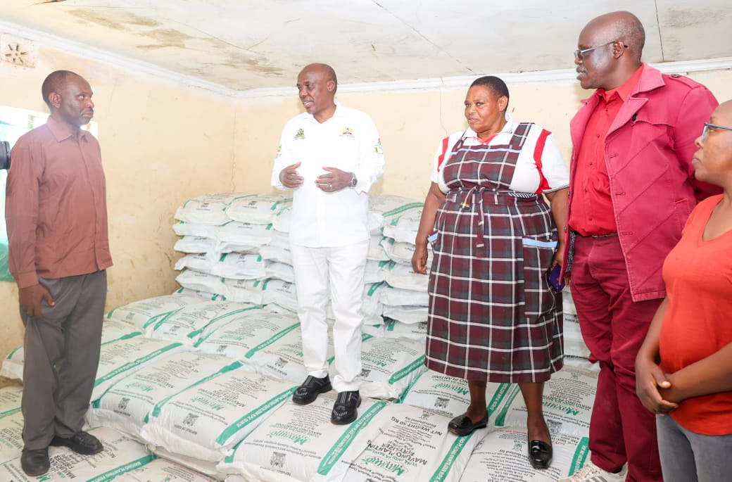 Ministry of Agriculture PS Dr. Kipronoh Ronoh (center) during the opening of a New NCPB depot in Chepseon. Photo/TV47.