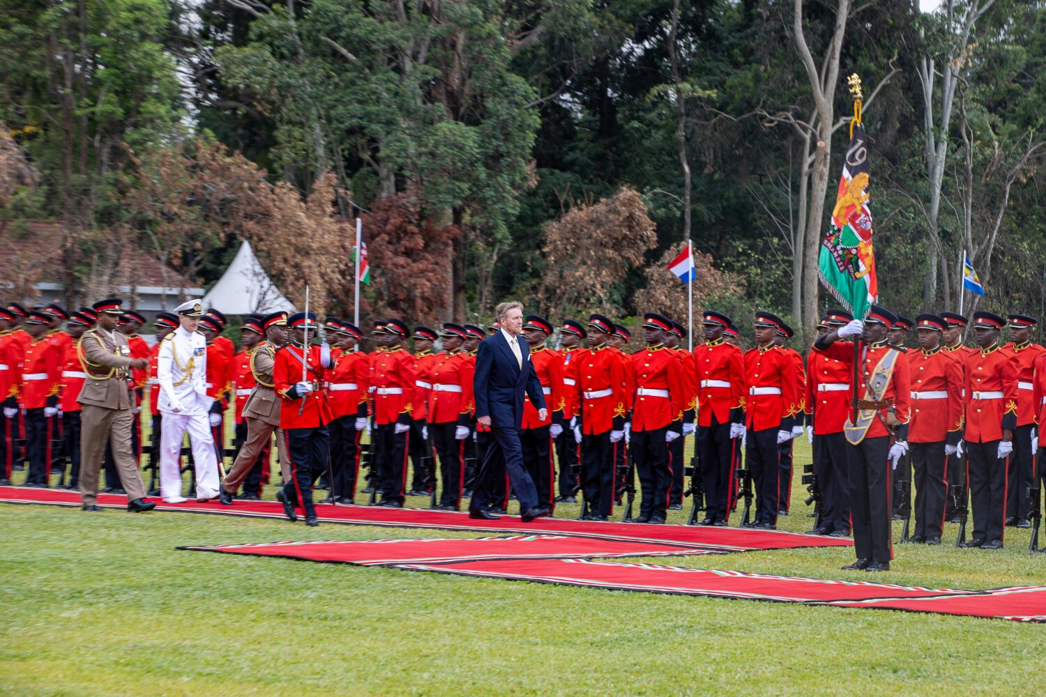 King Willem-Alexander  inspecting the Guard of Honour, that was mounted by the Kenya Defence Forces (Kenya Army) at State House, Nairobi on March 18, 2025. Photo/PCS. 